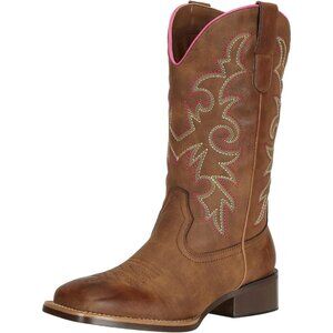 J's.o.l.e Women Brown Cowboy Boot Square Toe Western Cowgirl Fashion Botte